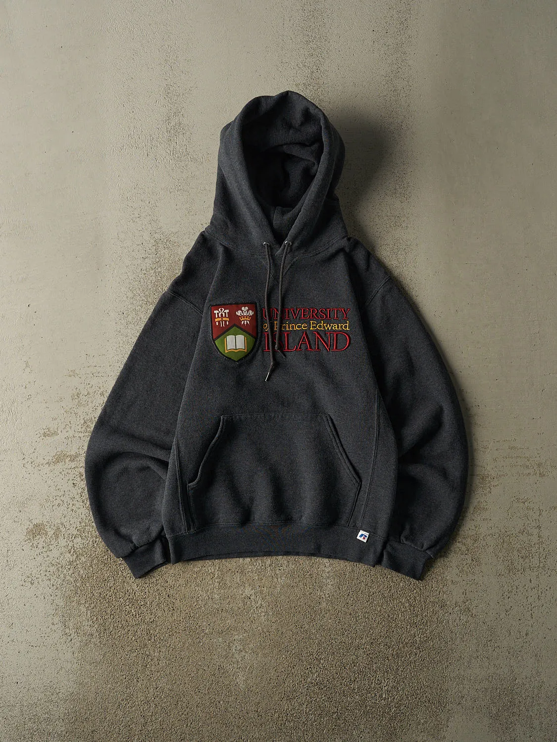 Vintage Y2K Charcoal Grey Russell Athletic University of PEI Hoodie (S) sold by Rebalance Vintage