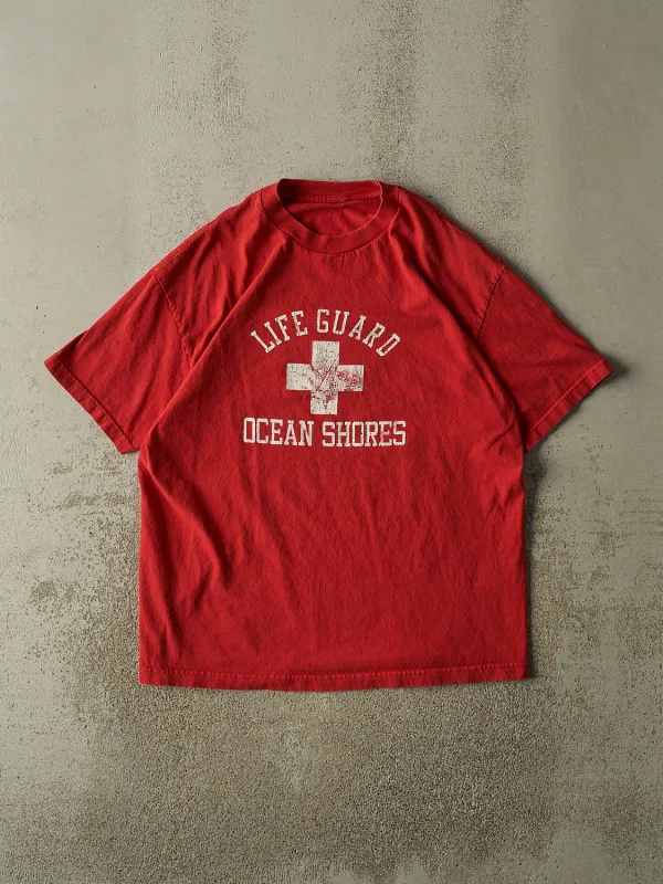 Vintage 90s Red Ocean Shores Lifeguard Tee (XL) made by Rebalance Vintage
