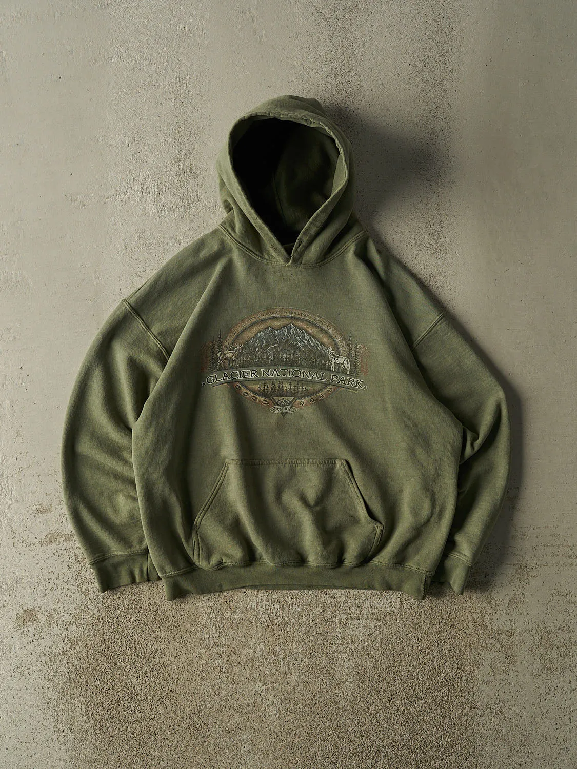 Vintage 90s Sun Faded Green Glacier National Park Hoodie (M/L) sold by Rebalance Vintage