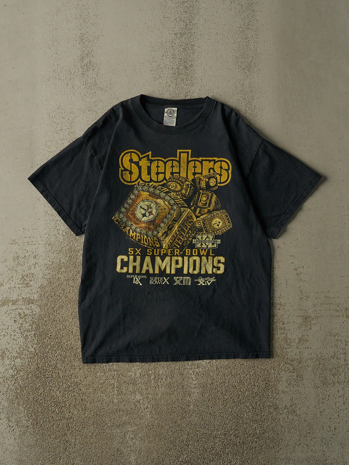 Vintage Y2K Faded Black Pittsburgh Steelers 5x Super Bowl Champions Tee (L) sold by Rebalance Vintage