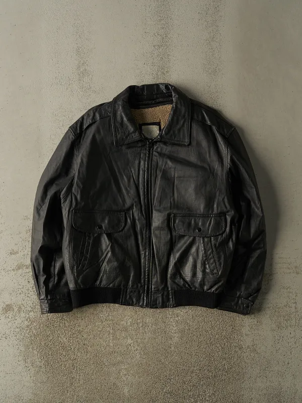 Vintage 90s Black Protocol Leather Bomber Jacket (L) made by Rebalance Vintage