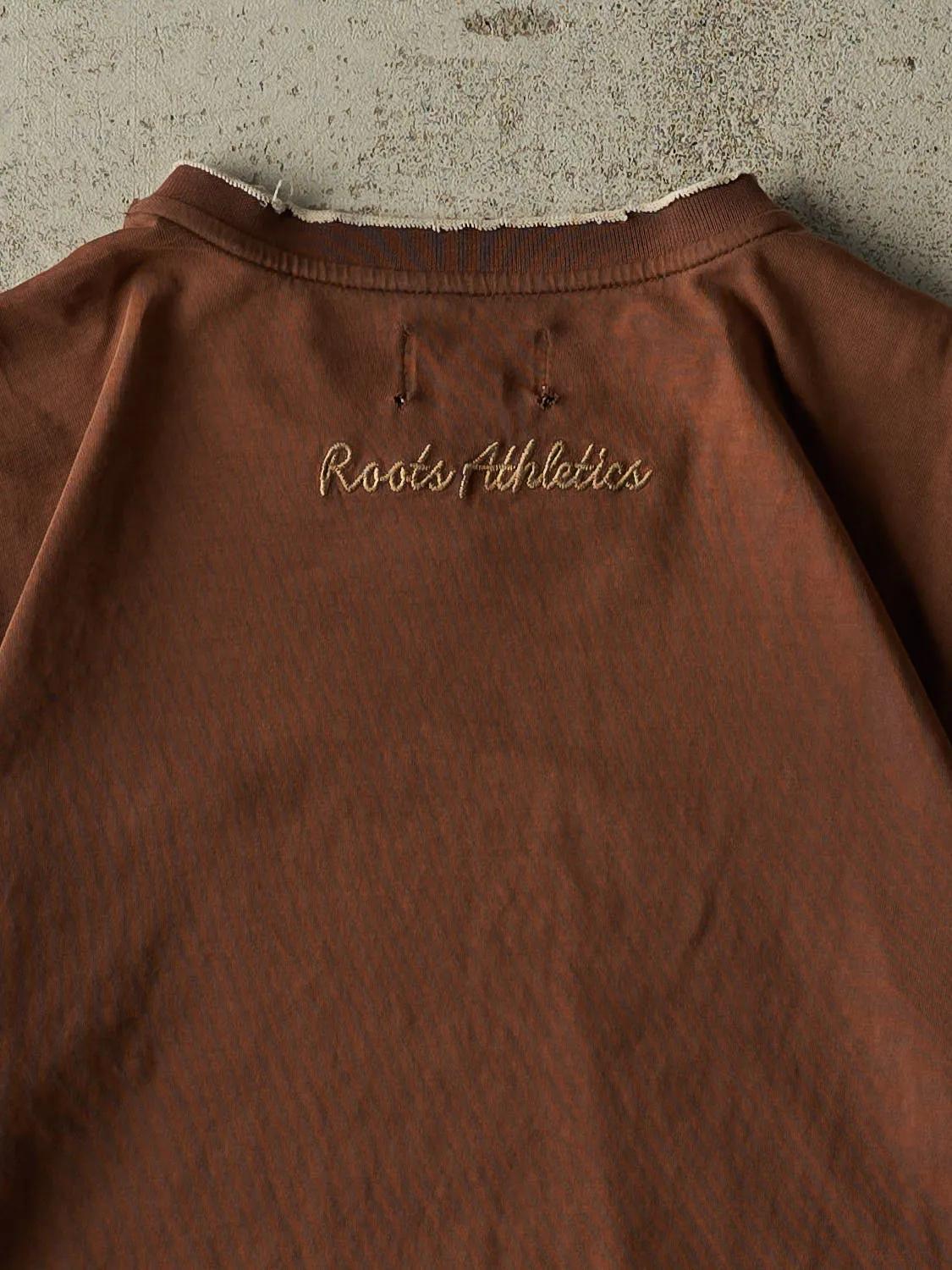 Vintage Y2K Sun Faded Brown Roots Athletics Short Sleeve V Neck Tee (M/L) sold by Rebalance Vintage product image thumbnail 4