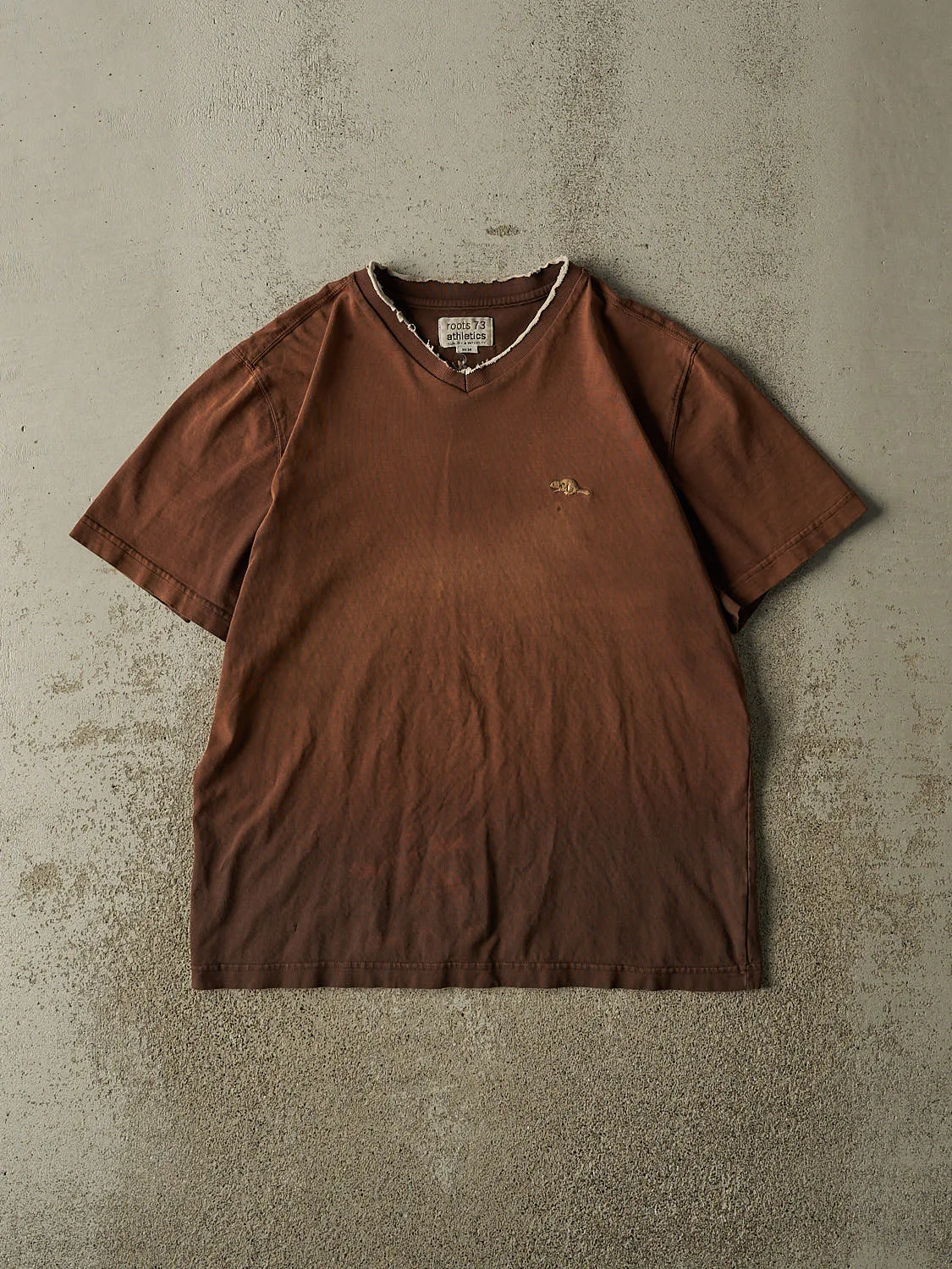 Vintage Y2K Sun Faded Brown Roots Athletics Short Sleeve V Neck Tee (M/L) sold by Rebalance Vintage