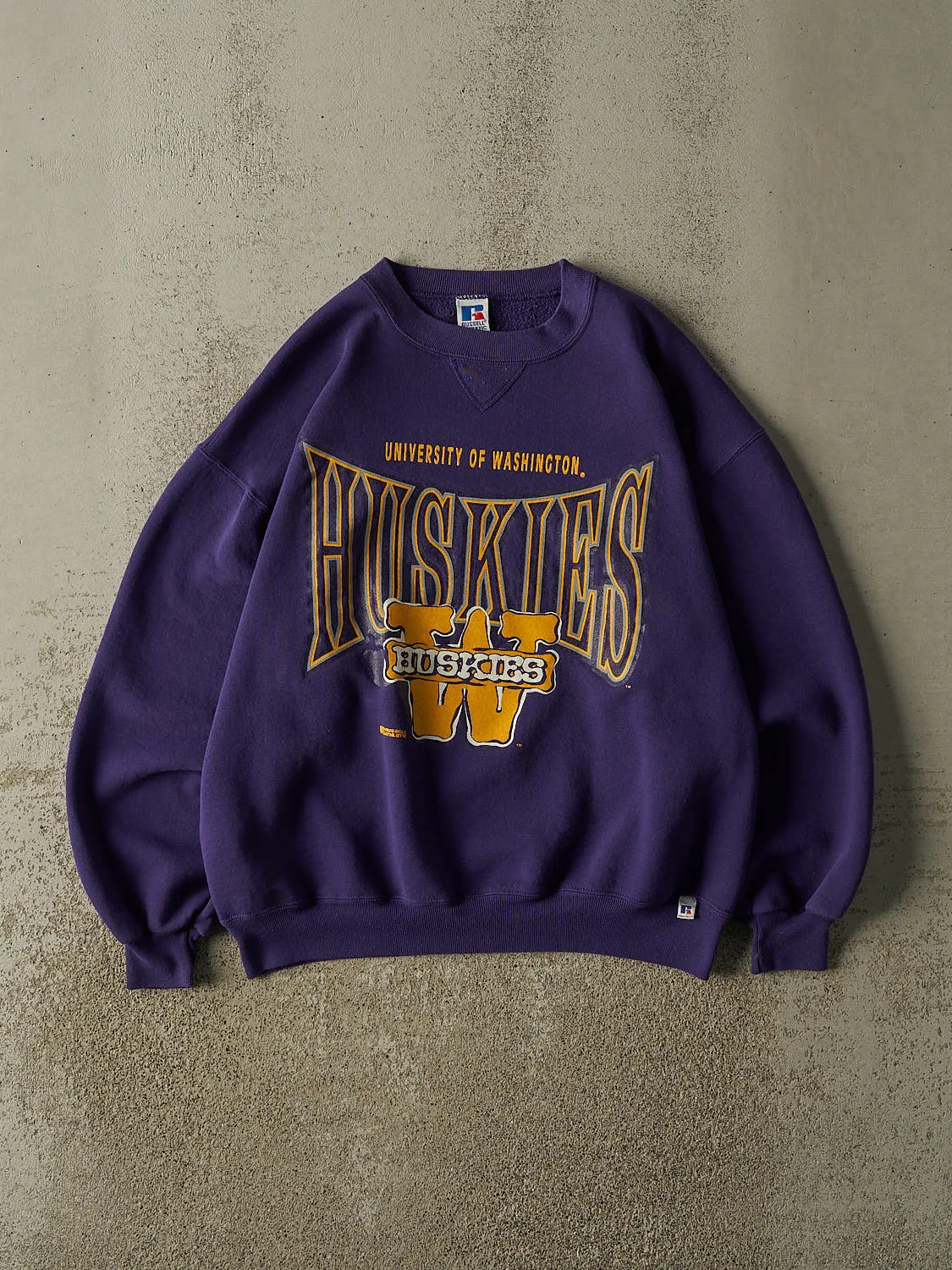 Vintage 90s Purple Russell Athletic University of Washington Huskies Crewneck (L/XL) sold by Rebalance Vintage