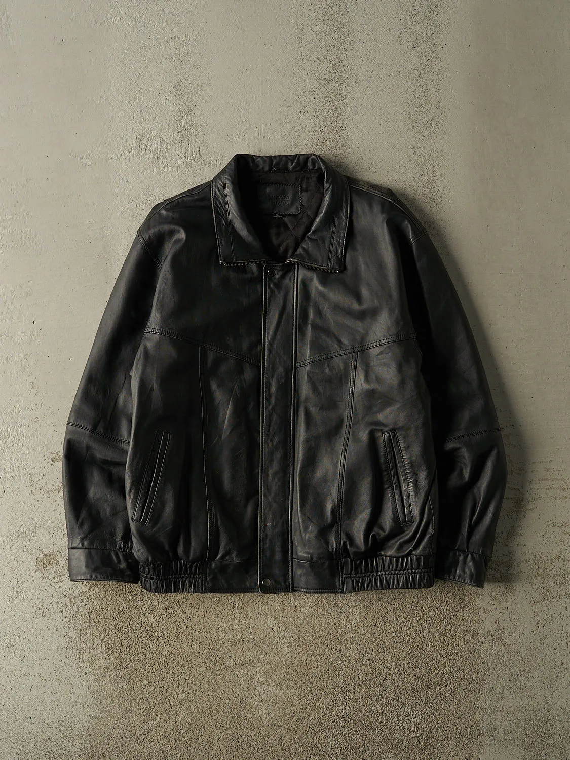 Vintage Y2K Black Denver Hayes Leather Bomber Jacket (XL/XXL) sold by Rebalance Vintage