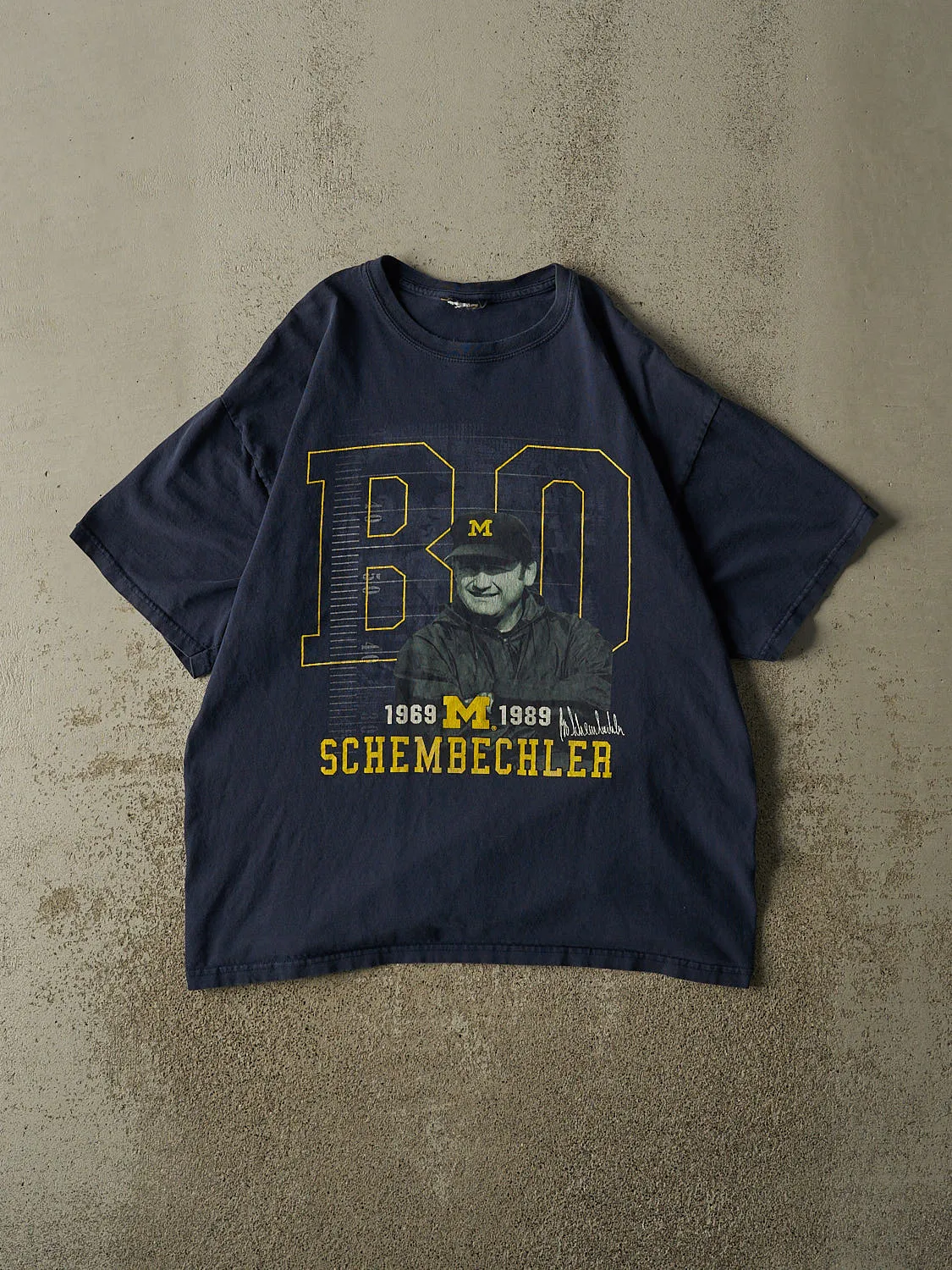 Vintage Y2K Navy Blue University of Michigan "Bo Schembechler" Tee (L/XL) sold by Rebalance Vintage