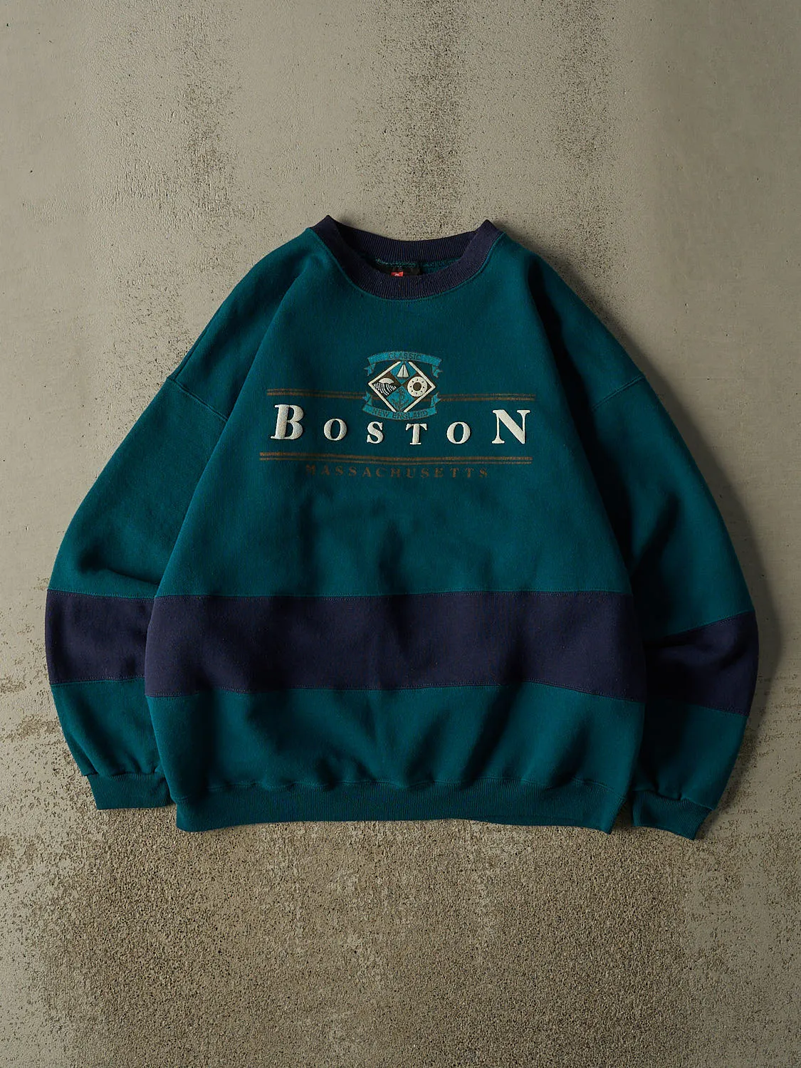 Vintage 80s Teal Boston Striped Crewneck (L/XL) sold by Rebalance Vintage