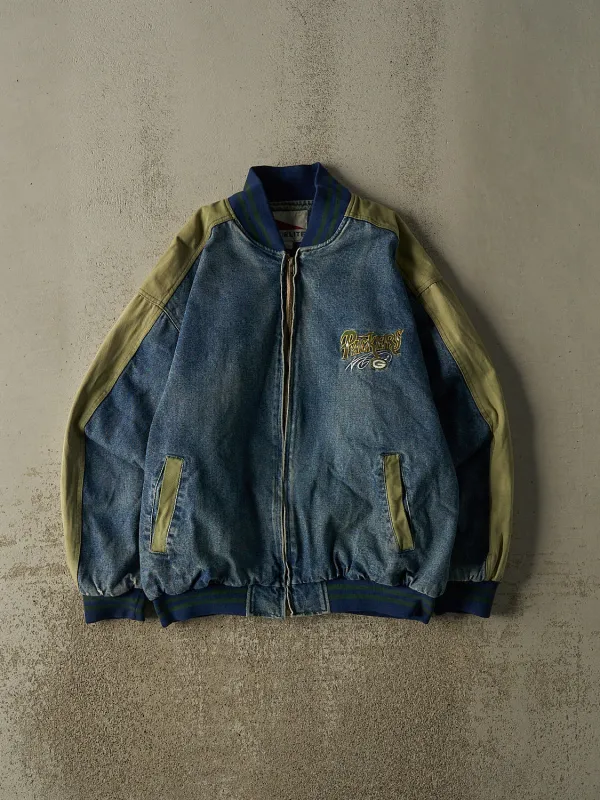 Vintage 90s Mid Wash Green Bay Packers Embroidered Bomber Jacket (L/XL) made by Rebalance Vintage