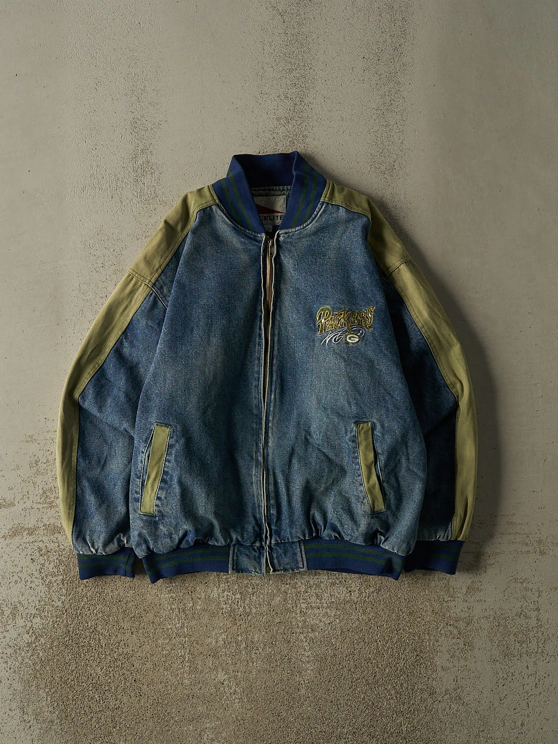 Vintage 90s Mid Wash Green Bay Packers Embroidered Bomber Jacket (L/XL) sold by Rebalance Vintage