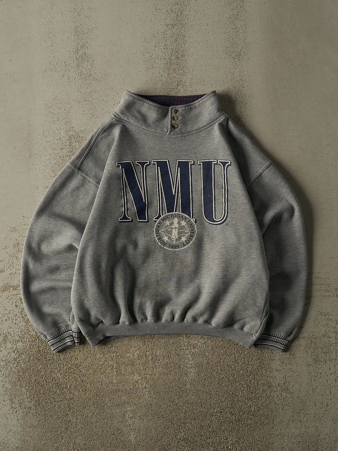 Vintage 90s Grey Northern Michigan University Quarter Button Sweater (M/L) sold by Rebalance Vintage