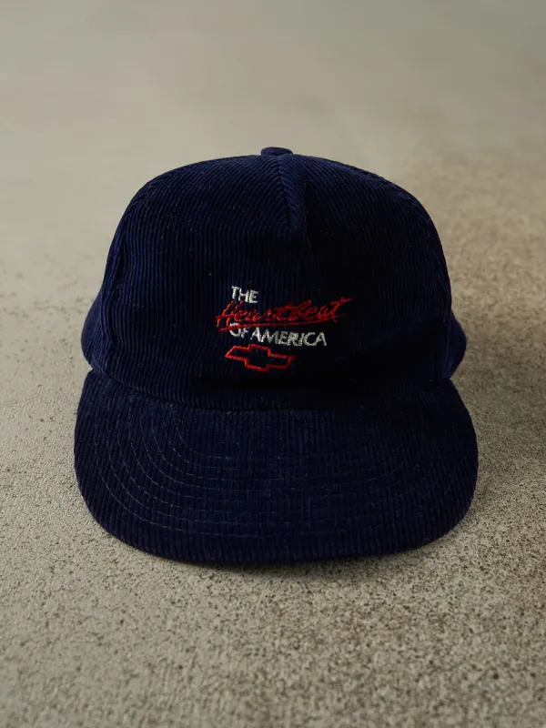 Vintage 80s Navy Blue Chevrolet The Heartbeat of America Corduroy Snapback (O/S) made by Rebalance Vintage