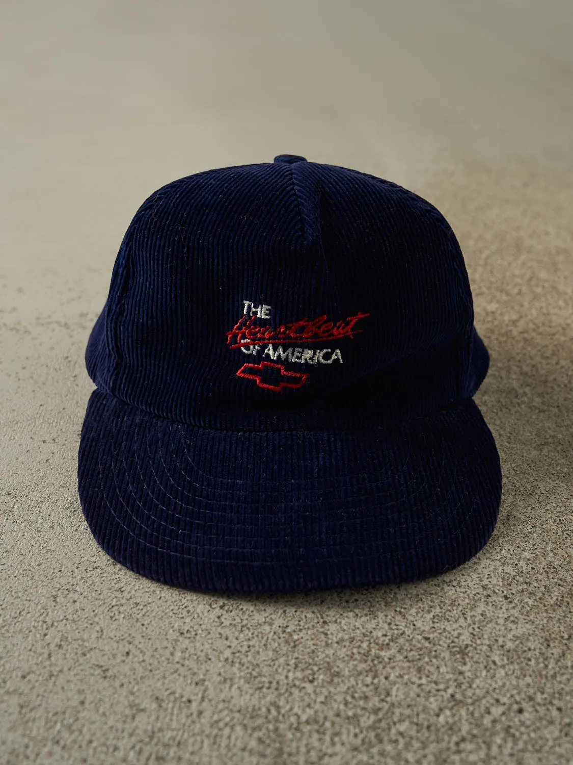 Vintage 80s Navy Blue Chevrolet The Heartbeat of America Corduroy Snapback (O/S) sold by Rebalance Vintage