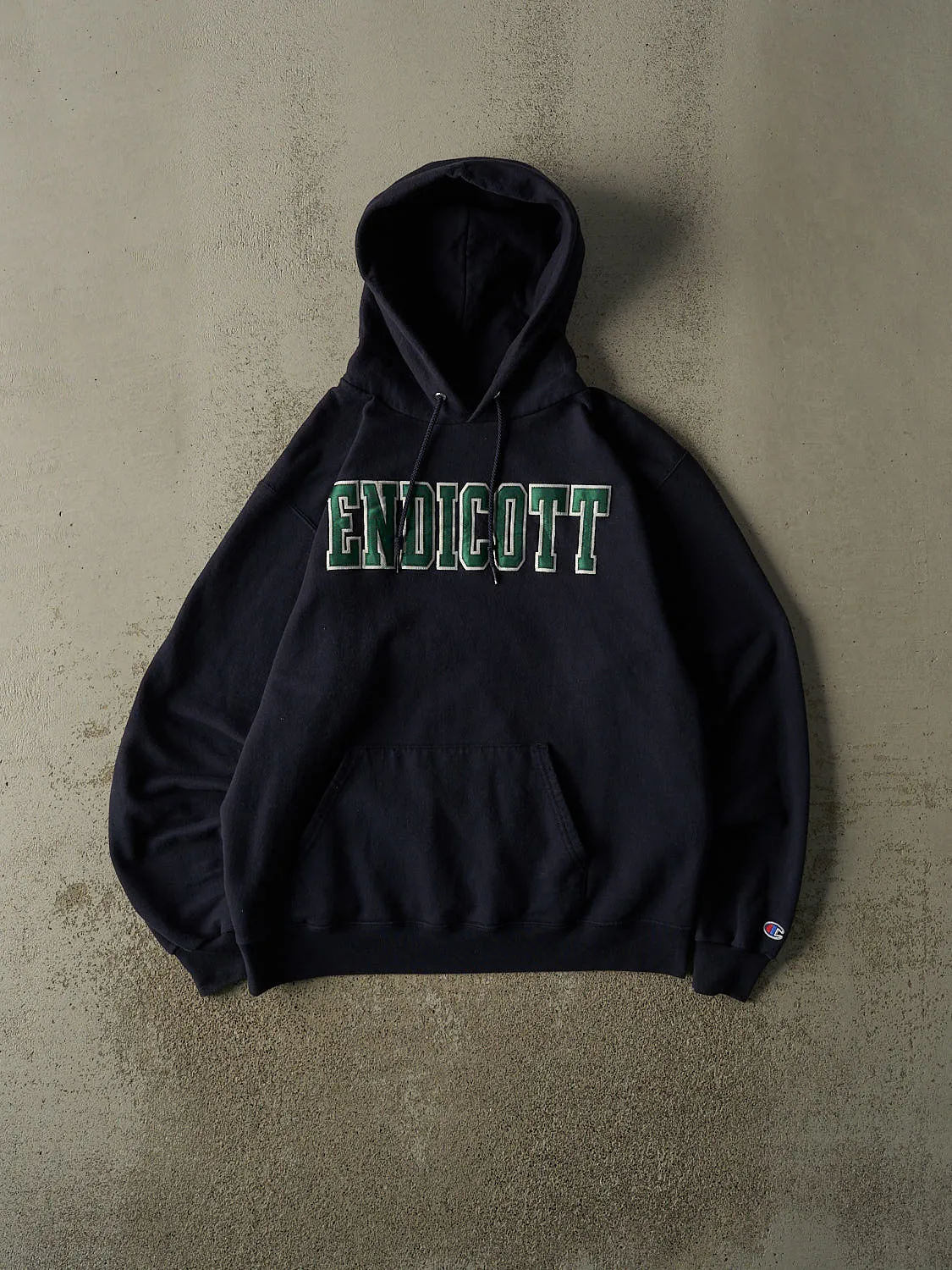 Vintage 90s Navy Blue Endicott Embroidered Hoodie (M) sold by Rebalance Vintage