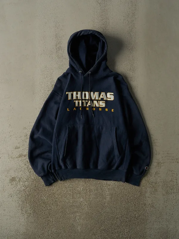Vintage Y2K Navy Blue Champion Reverse Weave Thomas Titans Lacrosse Hoodie (S/M) made by Rebalance Vintage