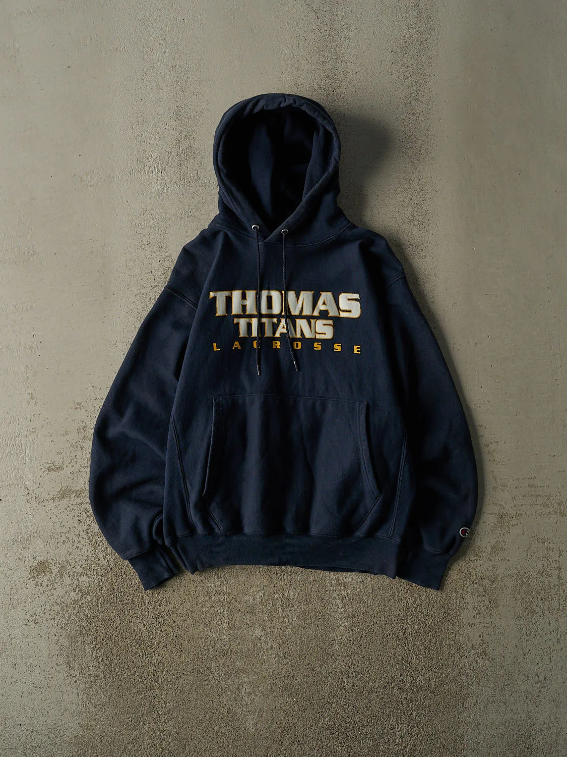 Vintage Y2K Navy Blue Champion Reverse Weave Thomas Titans Lacrosse Hoodie (S/M) sold by Rebalance Vintage