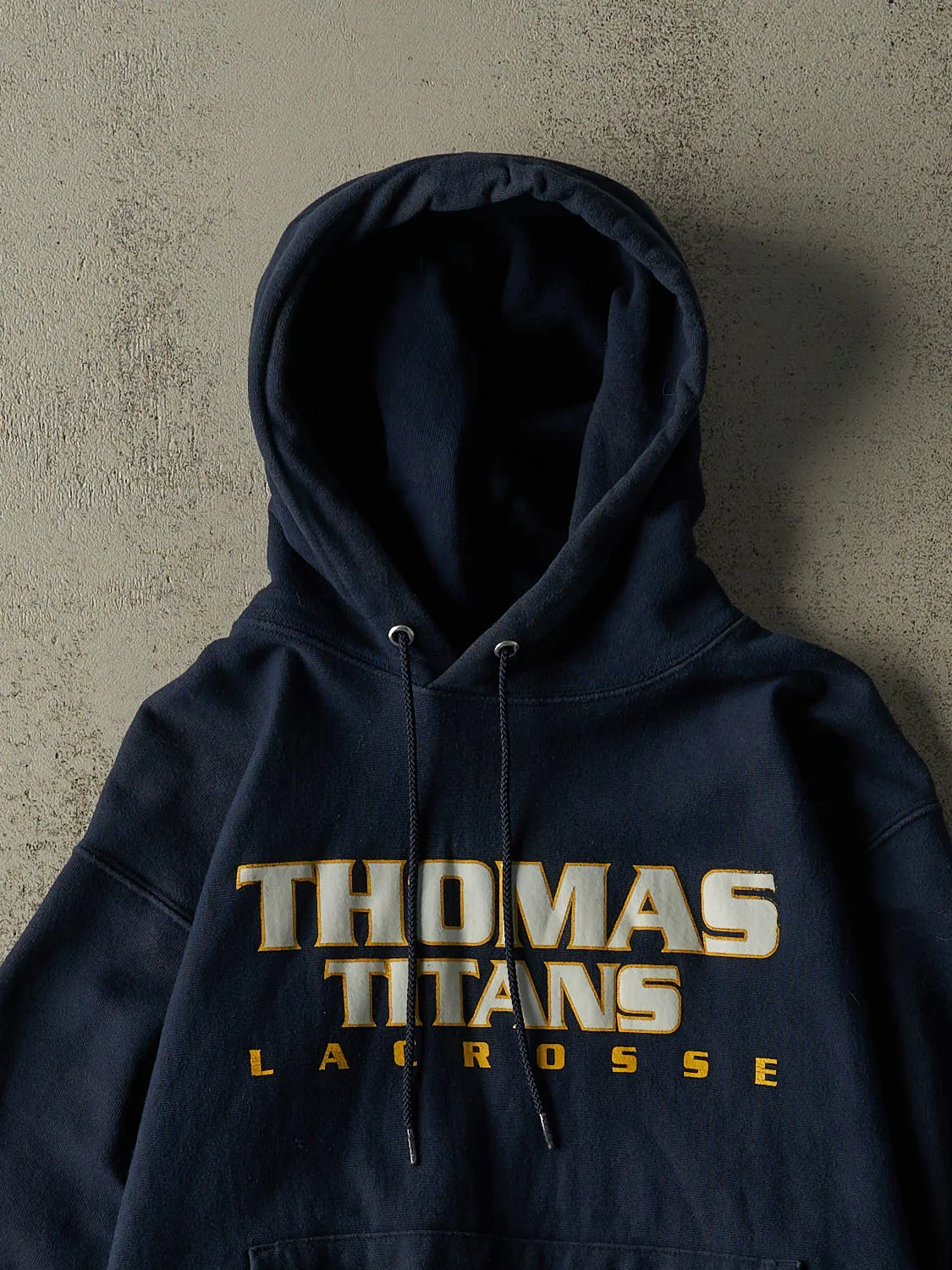 Vintage Y2K Navy Blue Champion Reverse Weave Thomas Titans Lacrosse Hoodie (S/M) sold by Rebalance Vintage product image thumbnail 2