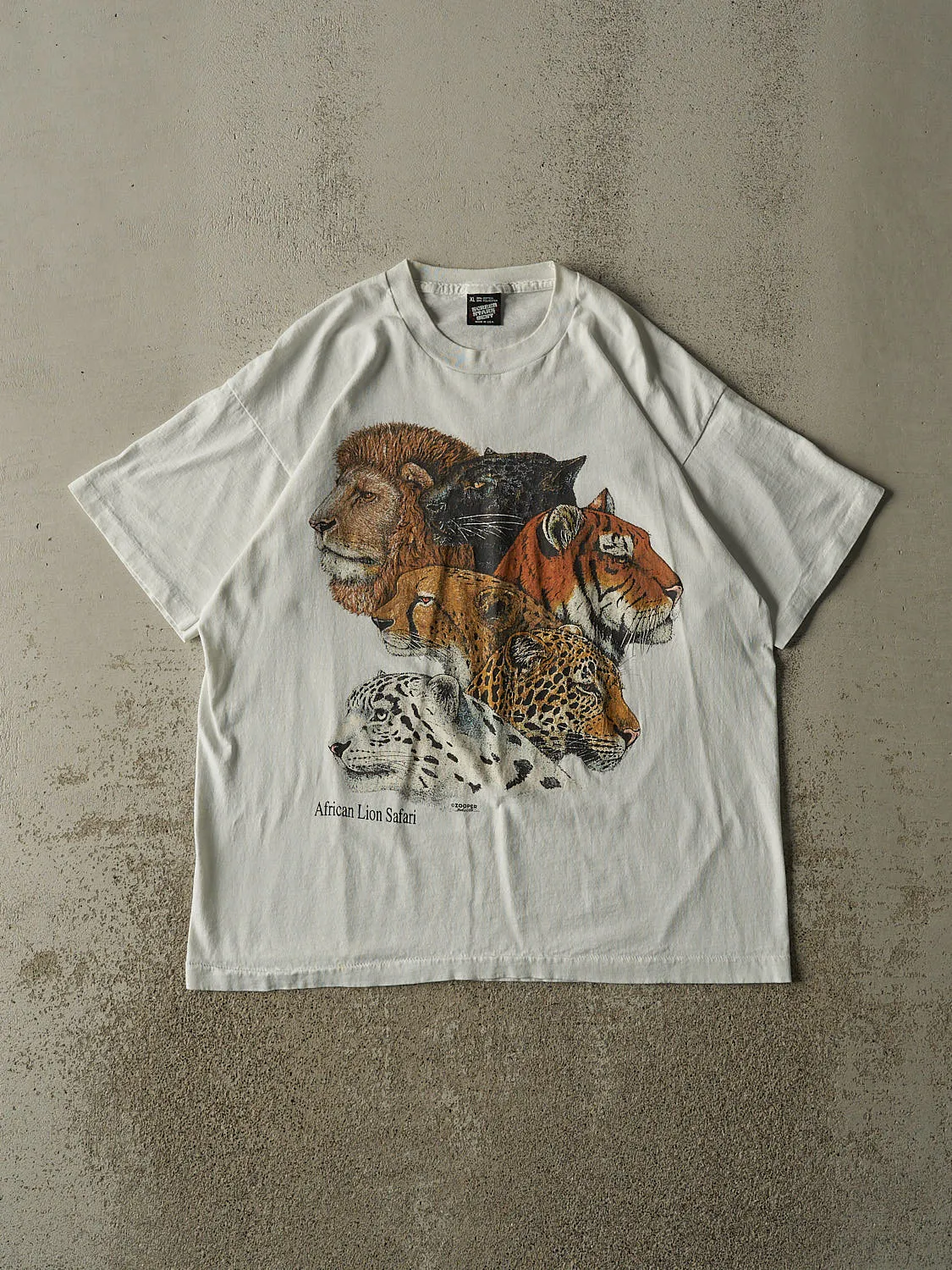 Vintage 80s White African Lion Safari Tee (L/XL) sold by Rebalance Vintage