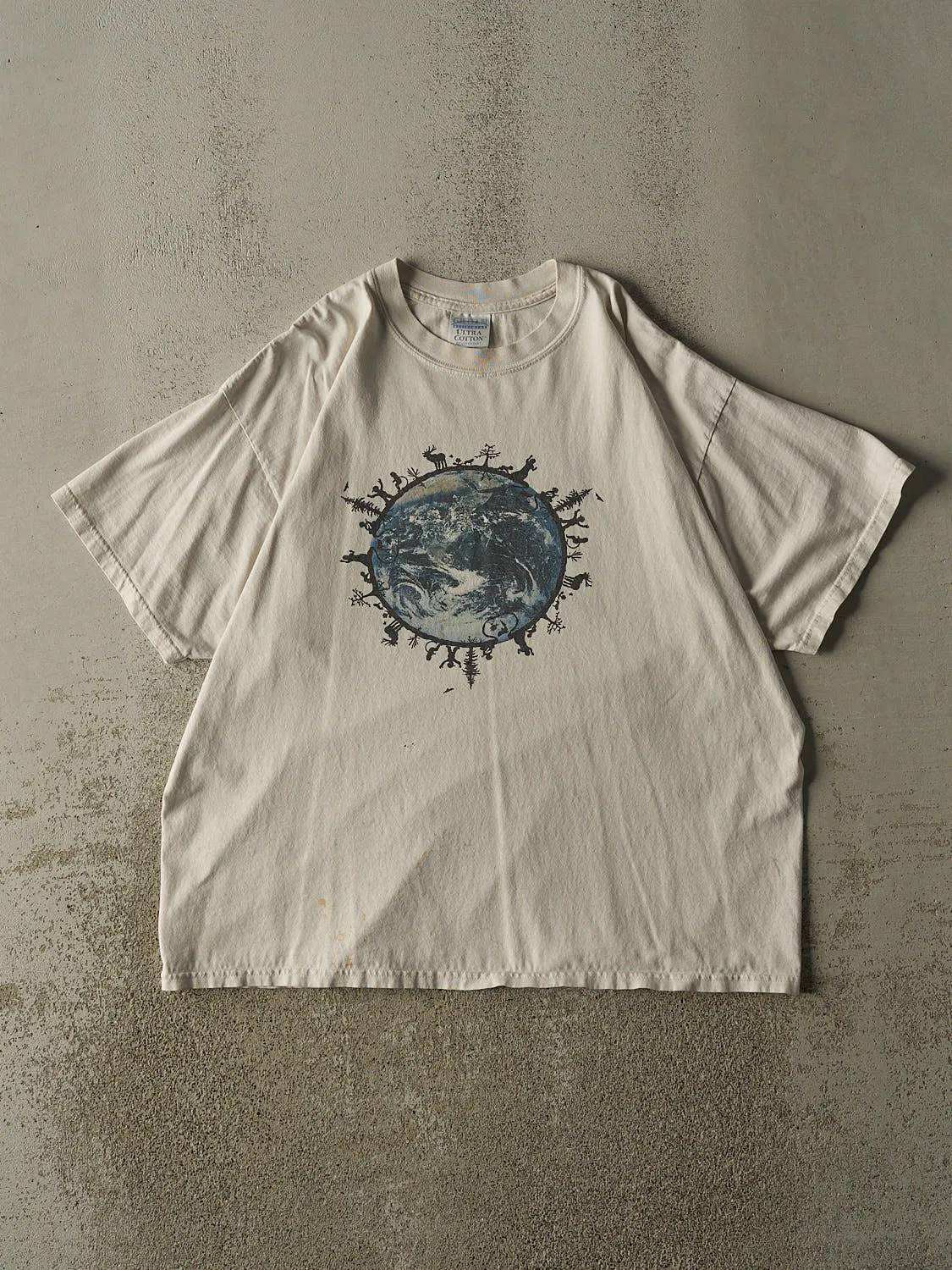 Vintage 90s Beige "Stop Listen Know" Global Justice Tee (L/XL) sold by Rebalance Vintage