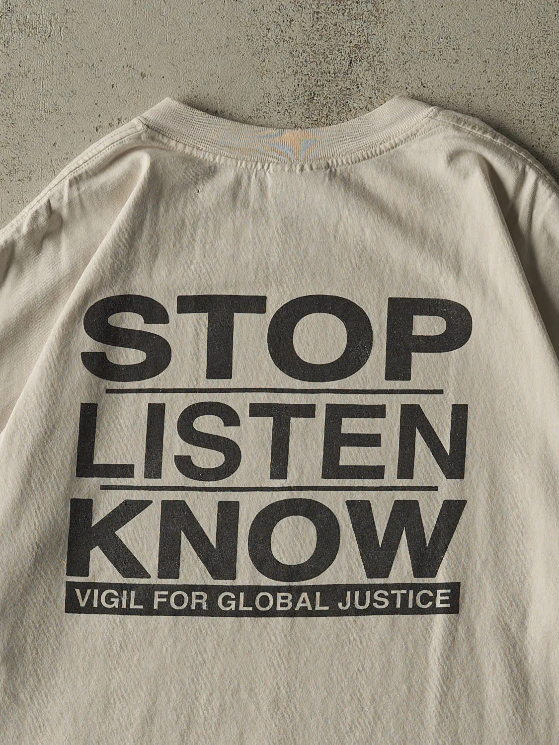 Vintage 90s Beige "Stop Listen Know" Global Justice Tee (L/XL) sold by Rebalance Vintage product image thumbnail 4