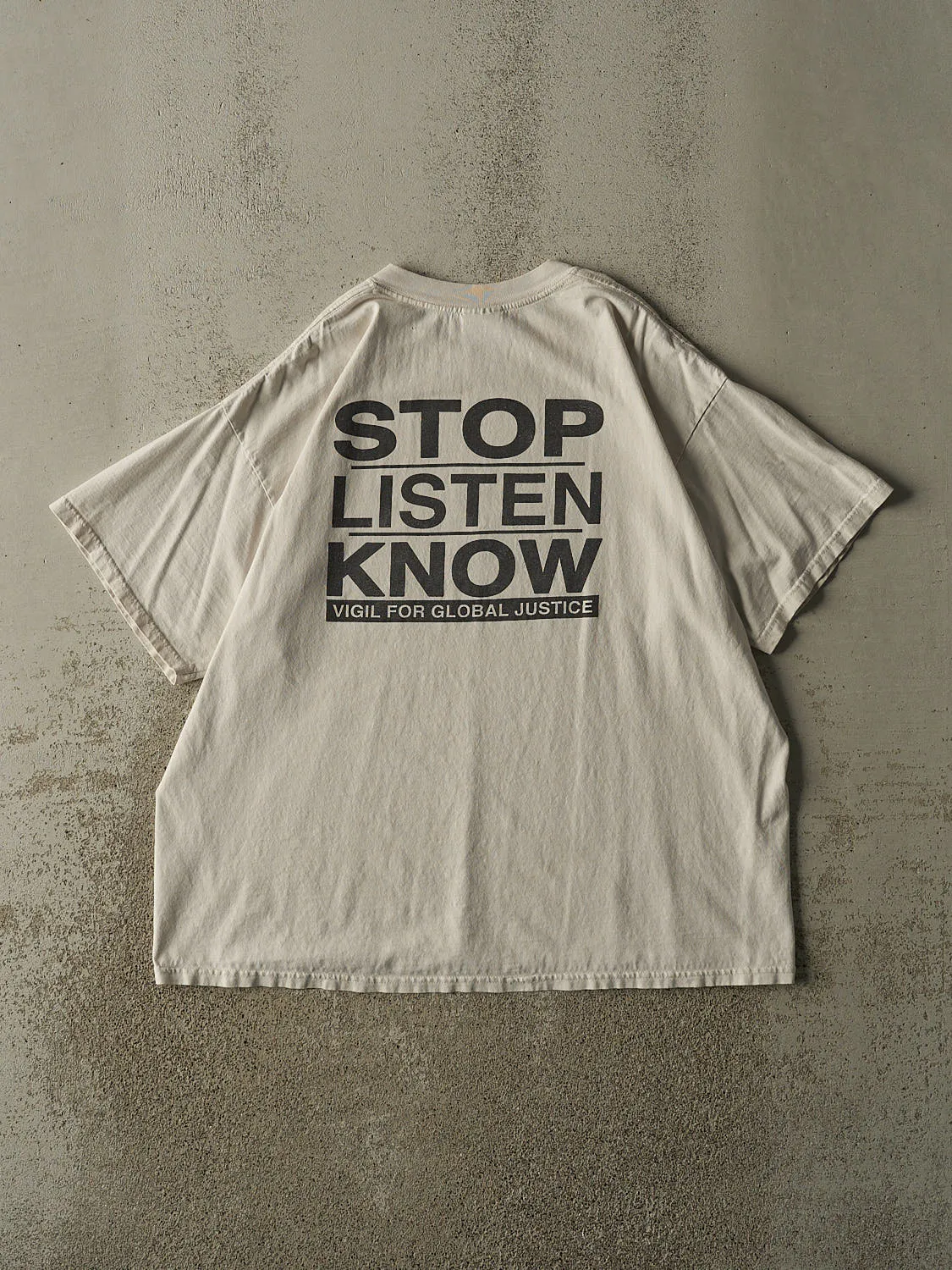 Vintage 90s Beige "Stop Listen Know" Global Justice Tee (L/XL) sold by Rebalance Vintage product image thumbnail 2