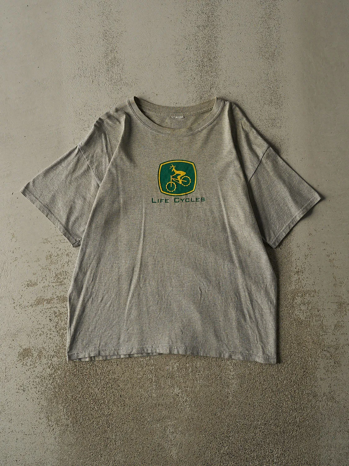 Vintage 90s Grey "Life Cycles" John Deere Spoof Tee (L) sold by Rebalance Vintage