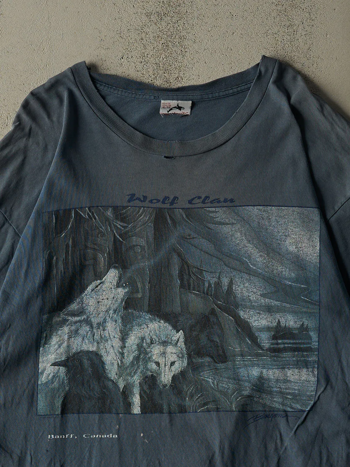 Vintage 90s Slate Blue Banff Wolf Clan Tee (XL/XXL) sold by Rebalance Vintage product image thumbnail 2