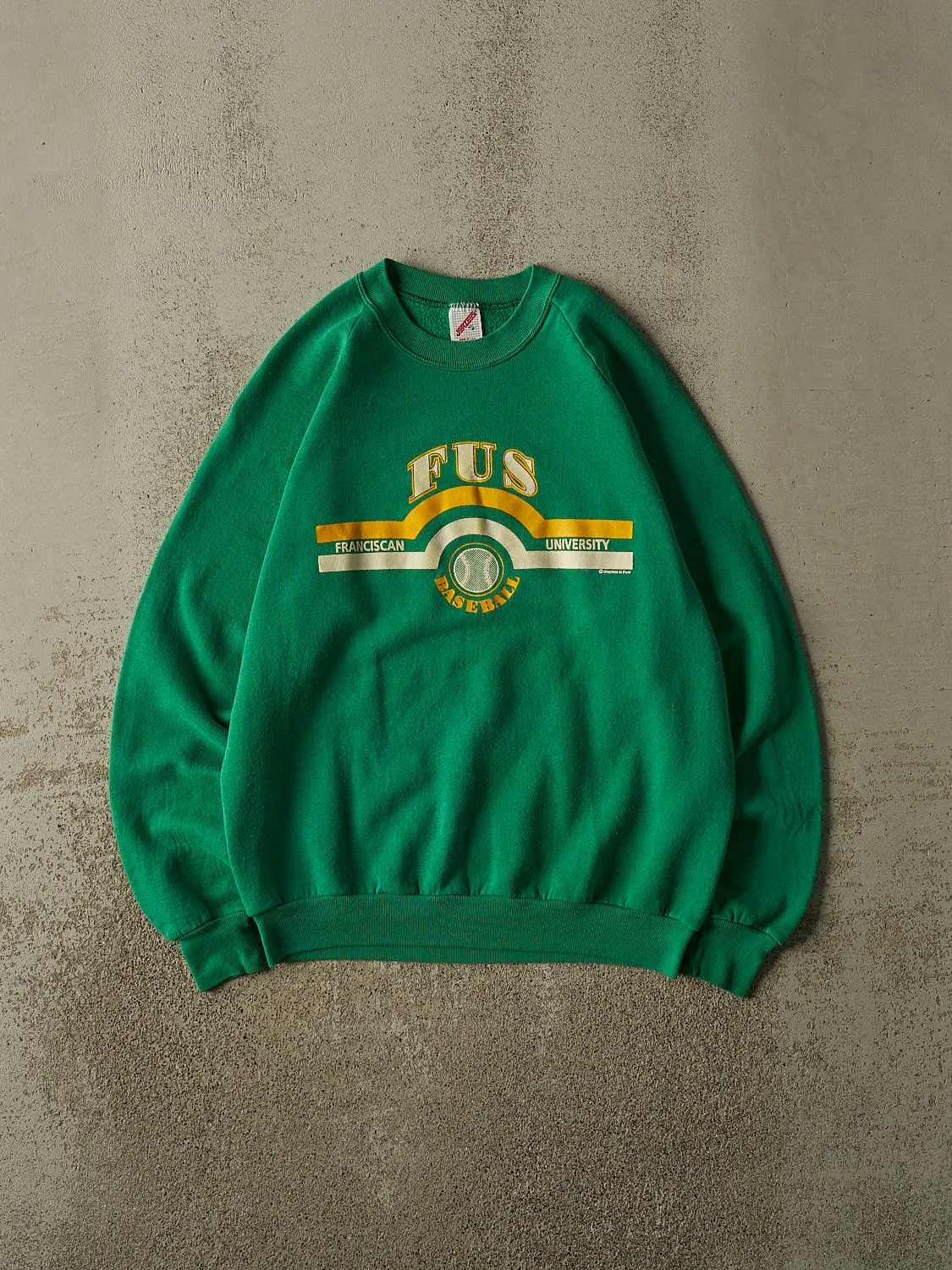 Vintage 80s Green Franciscan University Baseball Crewneck (M) sold by Rebalance Vintage