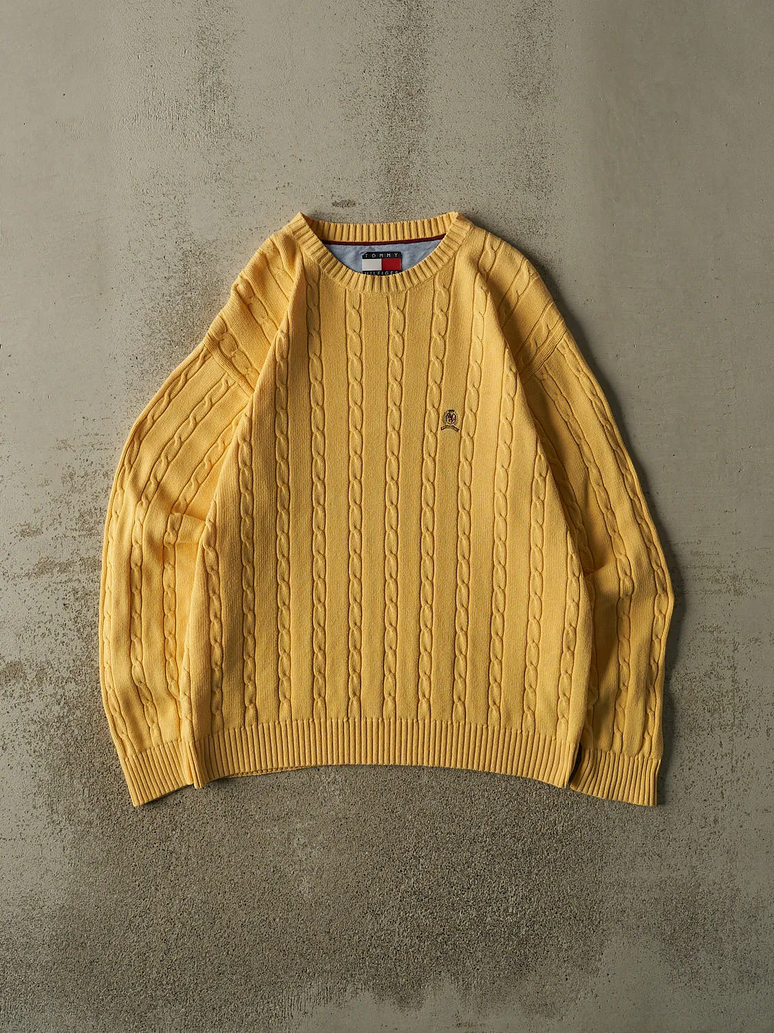 Vintage 90s Yellow Tommy Hilfiger Cable Knit (L) sold by Rebalance Vintage