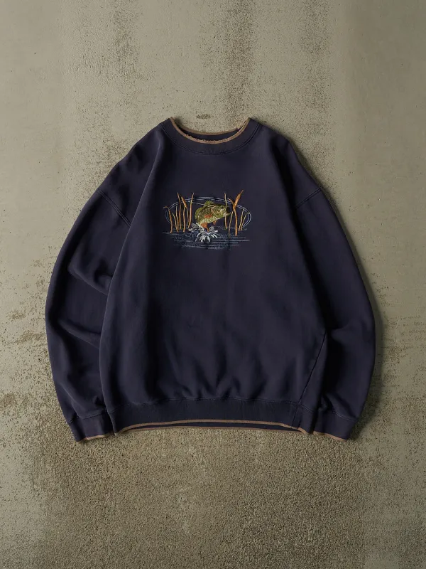 Vintage 90s Navy Blue Fish Embroidered Crewneck (M/L) made by Rebalance Vintage