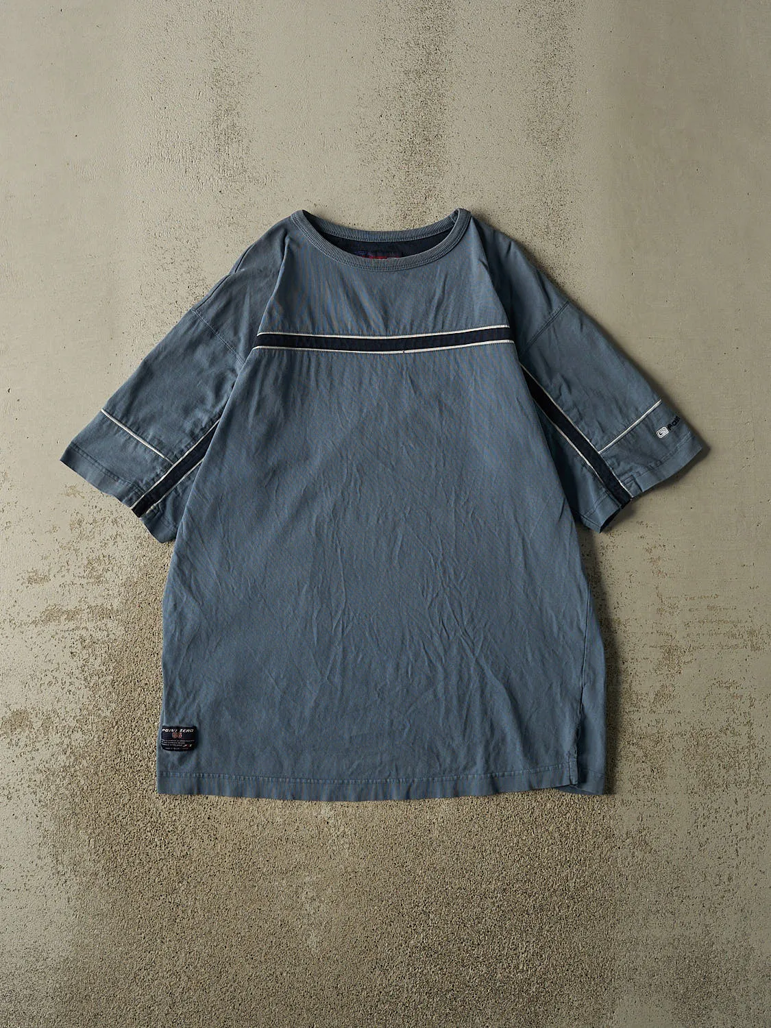 Vintage 90s Slate Blue Point Zero Striped Tee (L/XL) sold by Rebalance Vintage