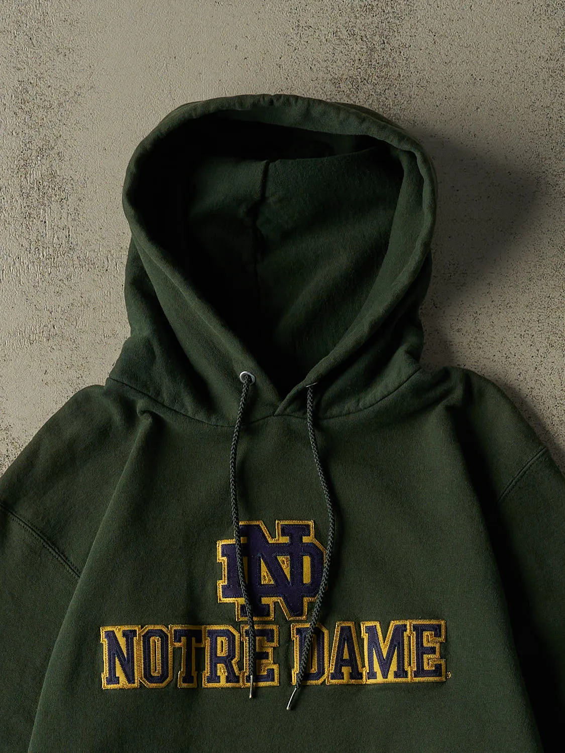 Vintage 90s Green University of Notre Dame Champion Hoodie (XS/S) sold by Rebalance Vintage product image thumbnail 2