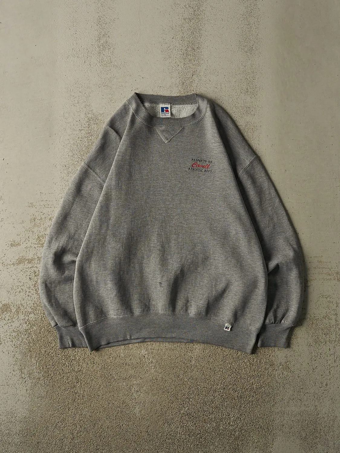 Vintage 90s Grey Russell Athletic Cavell Embroidered Crewneck (L/XL) sold by Rebalance Vintage