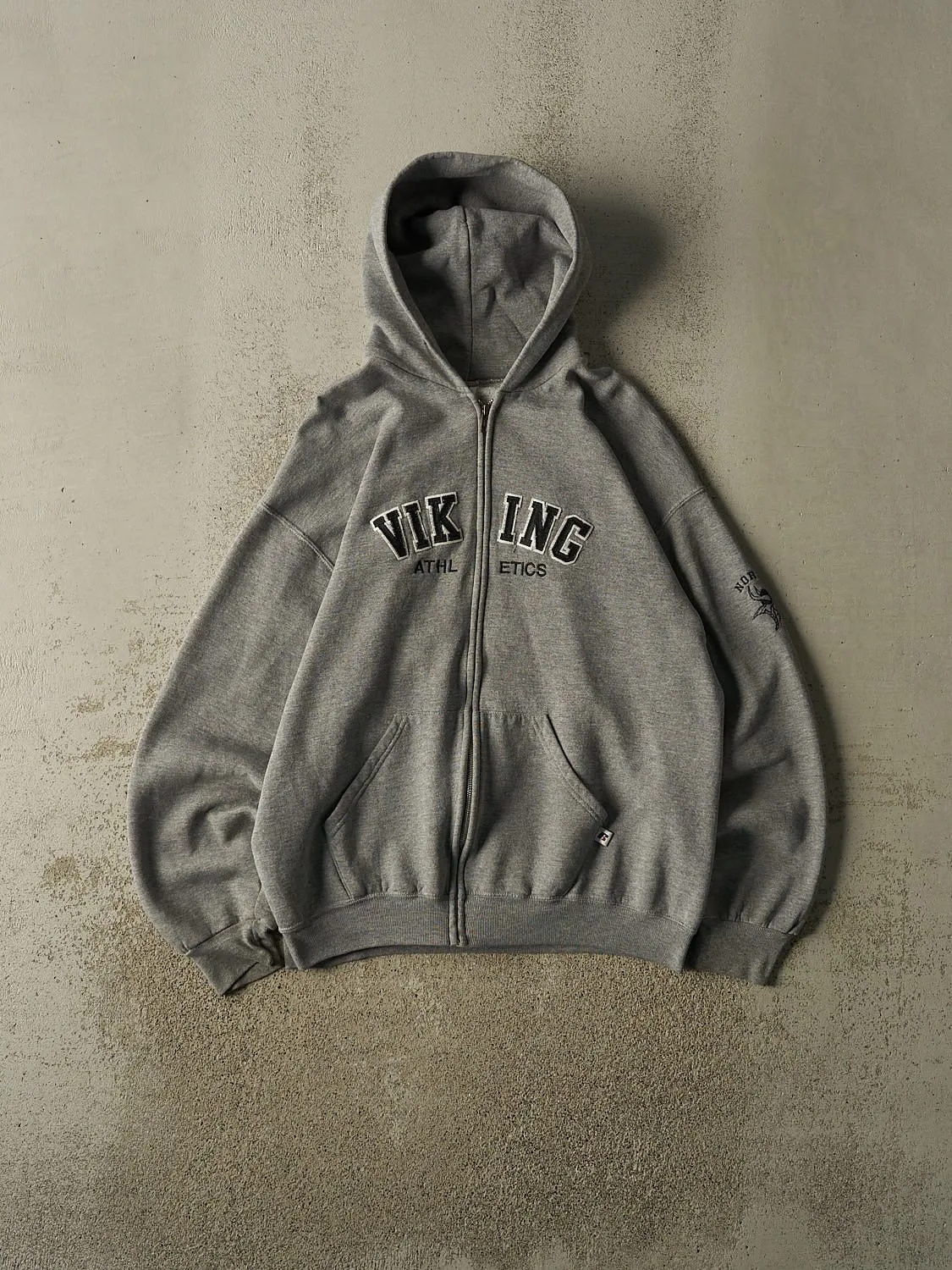 Vintage Y2K Grey Russell Athletic North Viking Zip Up Hoodie (M/L) sold by Rebalance Vintage