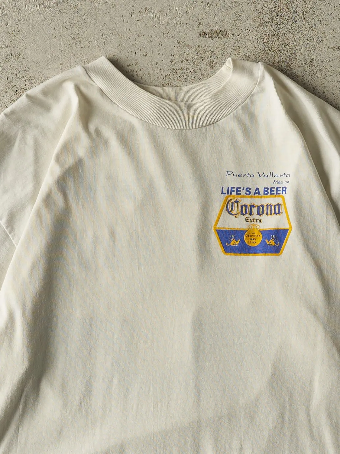 Vintage 90s White Corona Beach Club "Life's a Beer" Tee (L) sold by Rebalance Vintage product image thumbnail 3