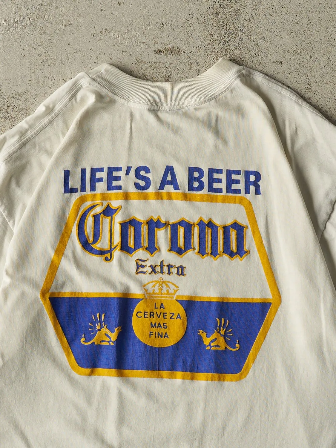 Vintage 90s White Corona Beach Club "Life's a Beer" Tee (L) sold by Rebalance Vintage product image thumbnail 4
