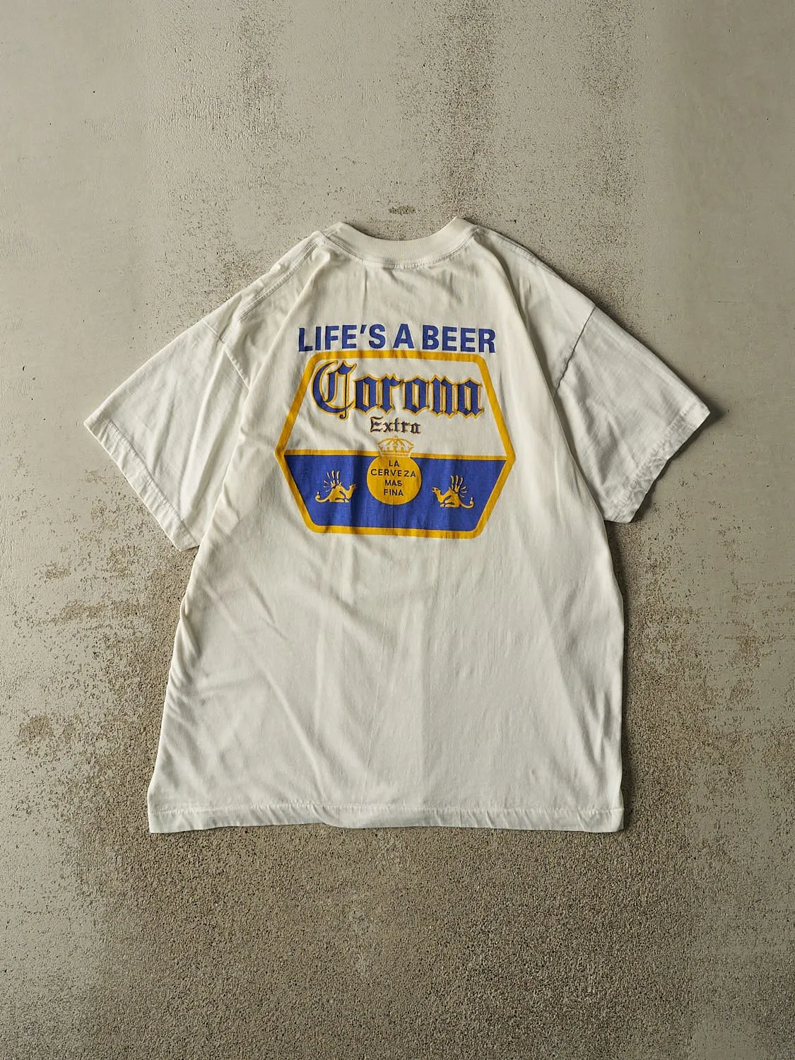 Vintage 90s White Corona Beach Club "Life's a Beer" Tee (L) sold by Rebalance Vintage product image thumbnail 2