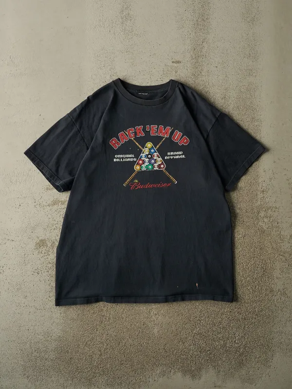 Vintage 90s Faded Black Budweiser Billiards “Rack ‘Em Up” Tee (L/XL) made by Rebalance Vintage