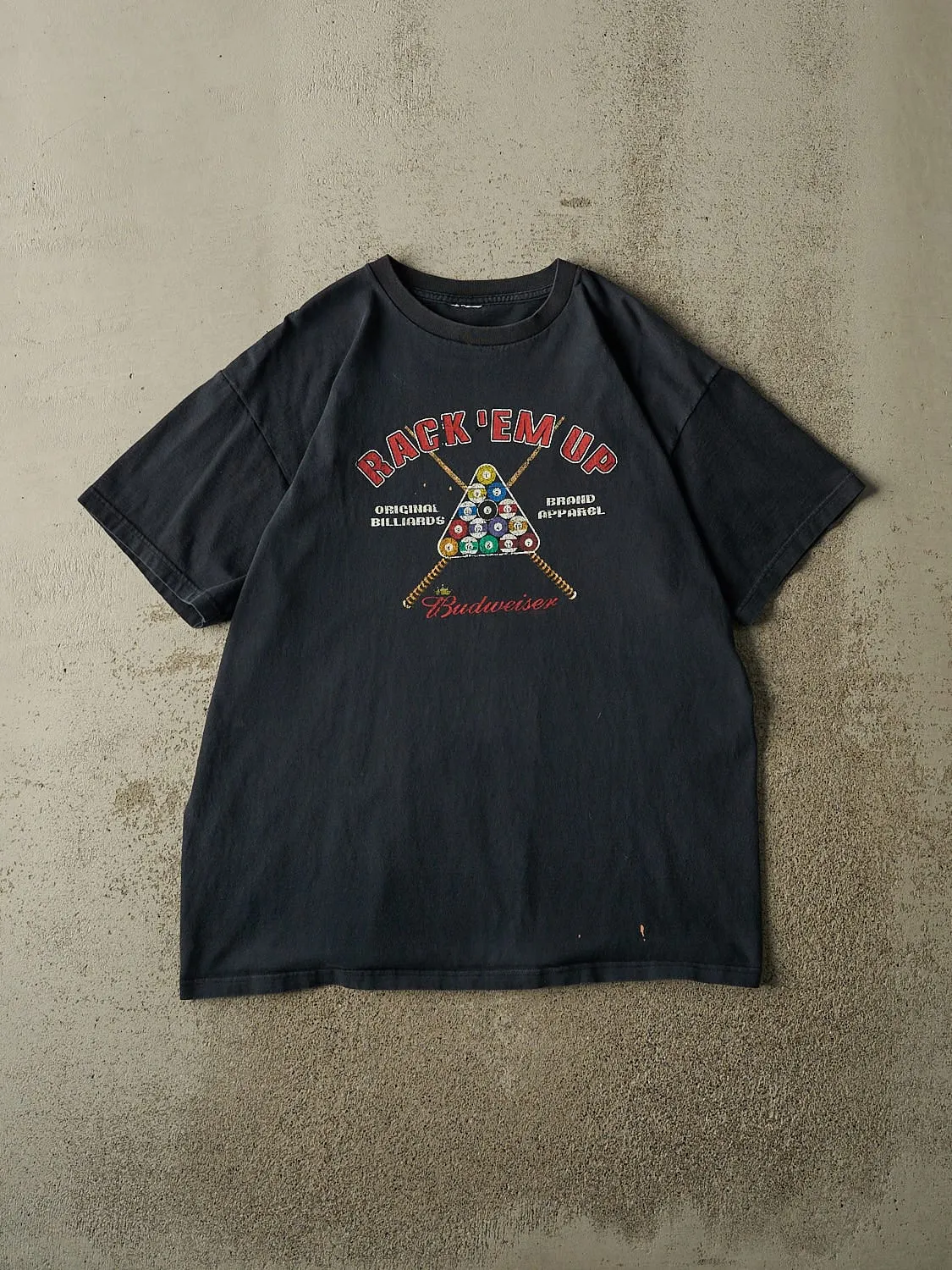 Vintage 90s Faded Black Budweiser Billiards “Rack ‘Em Up” Tee (L/XL) sold by Rebalance Vintage
