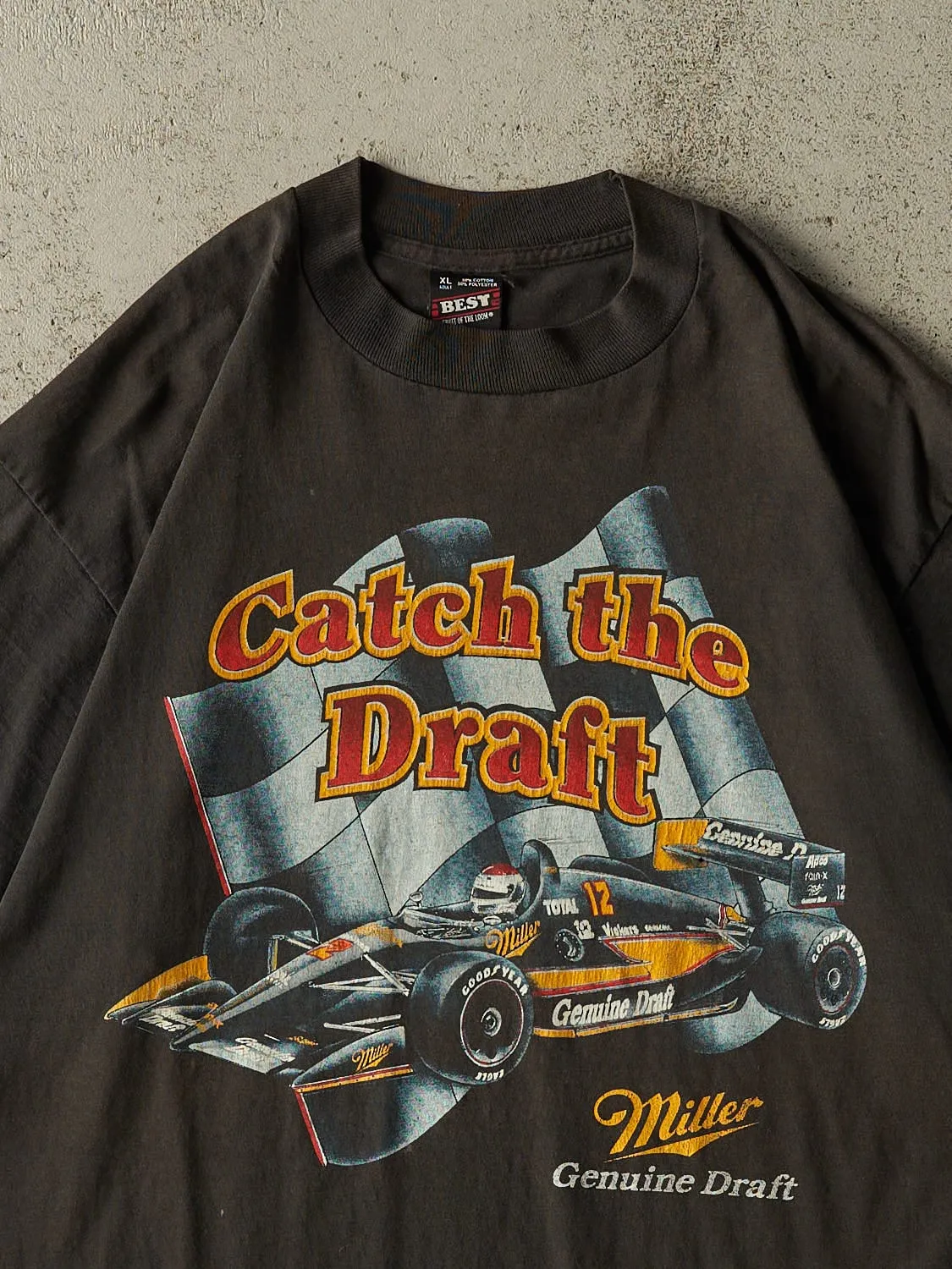 Vintage 90s Faded Black Miller Genuine Draft Single Stitch "Catch The Draft" Racing Tee (L/XL) sold by Rebalance Vintage product image thumbnail 2