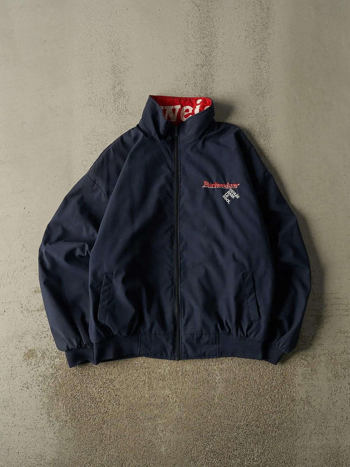 Vintage 90s Navy Blue Budweiser Embroidered Bomber Jacket (L/XL) sold by Rebalance Vintage
