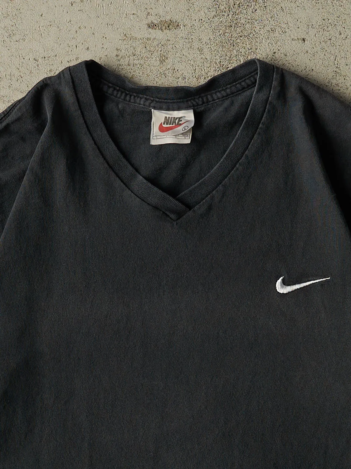 Vintage 90s Faded Black Nike Embroidered V-Neck Tee (M/L) sold by Rebalance Vintage product image thumbnail 2