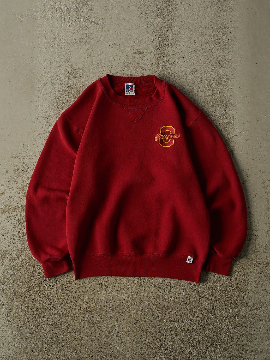 Vintage 90s Burgundy Russell Athletic Cougars Embroidered Crewneck (XS) sold by Rebalance Vintage