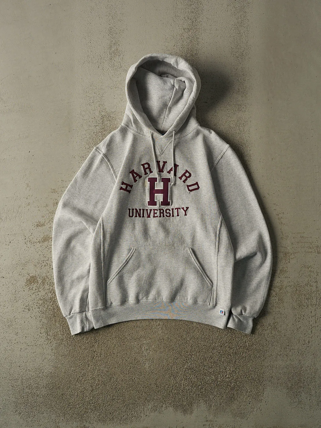 Vintage Y2K Heather Grey Russell Athletic Harvard University Embroidered Hoodie (S/M) sold by Rebalance Vintage