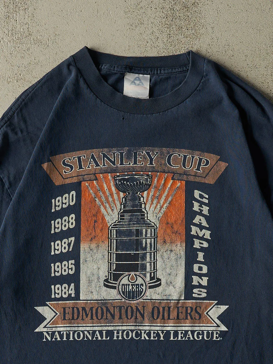 Vintage 90s Navy Blue Edmonton Oilers Stanley Cup Tee (L/XL) sold by Rebalance Vintage product image thumbnail 2