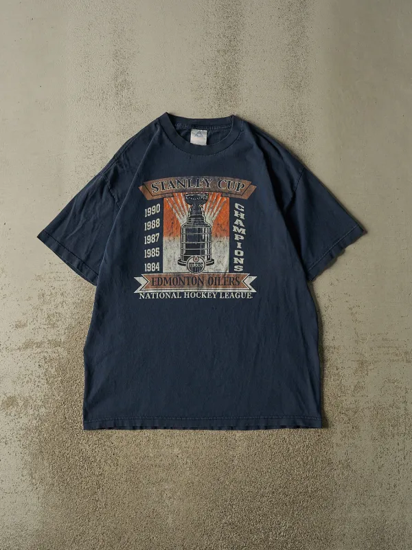 Vintage 90s Navy Blue Edmonton Oilers Stanley Cup Tee (L/XL) made by Rebalance Vintage