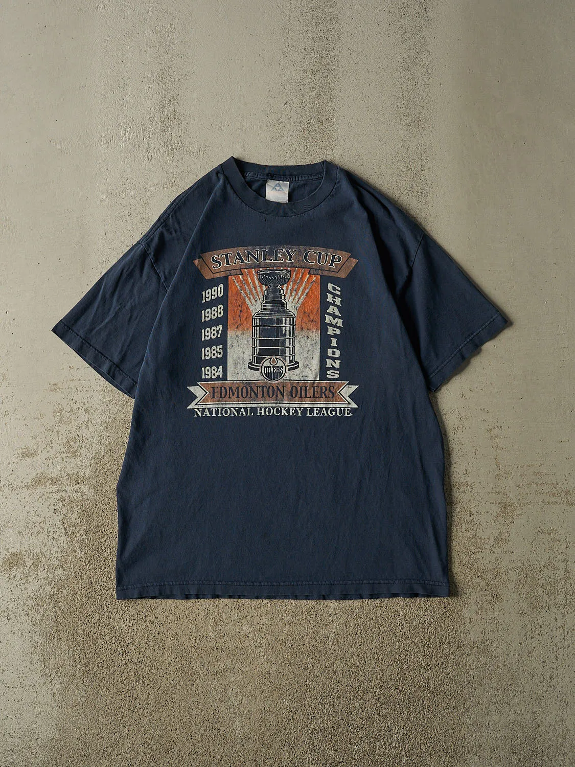 Vintage 90s Navy Blue Edmonton Oilers Stanley Cup Tee (L/XL) sold by Rebalance Vintage