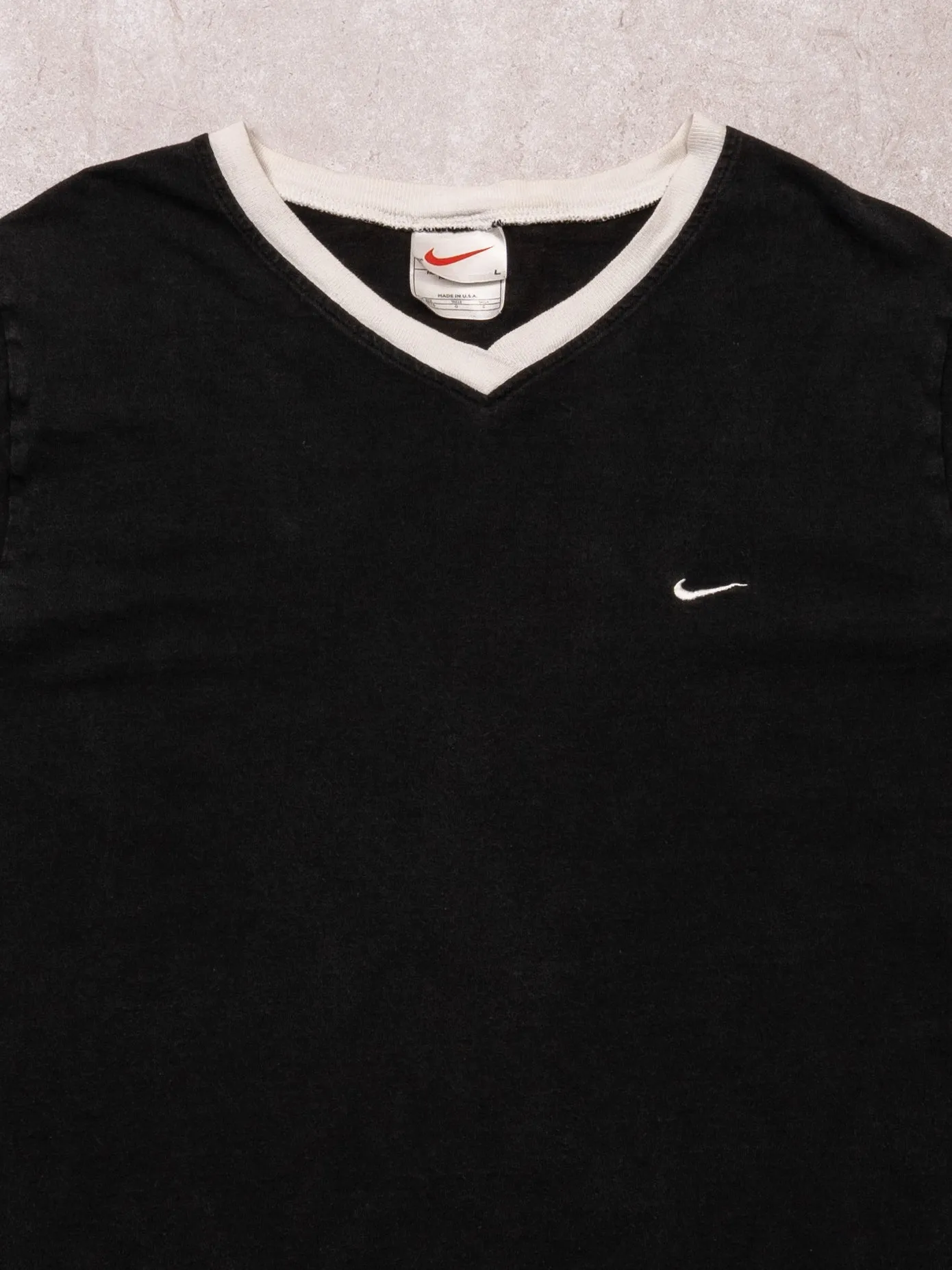 Vintage 90s Washed Black + White Nike V Neck Tee (S) sold by Rebalance Vintage product image thumbnail 2