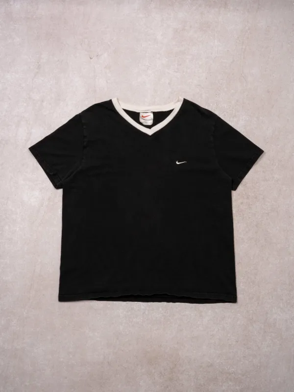 Vintage 90s Washed Black + White Nike V Neck Tee (S) sold by Rebalance Vintage