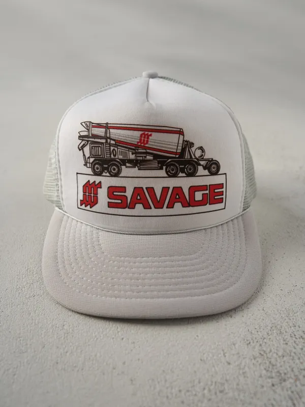 Vintage 80s Grey and White Savage Foam Trucker Hat sold by Rebalance Vintage