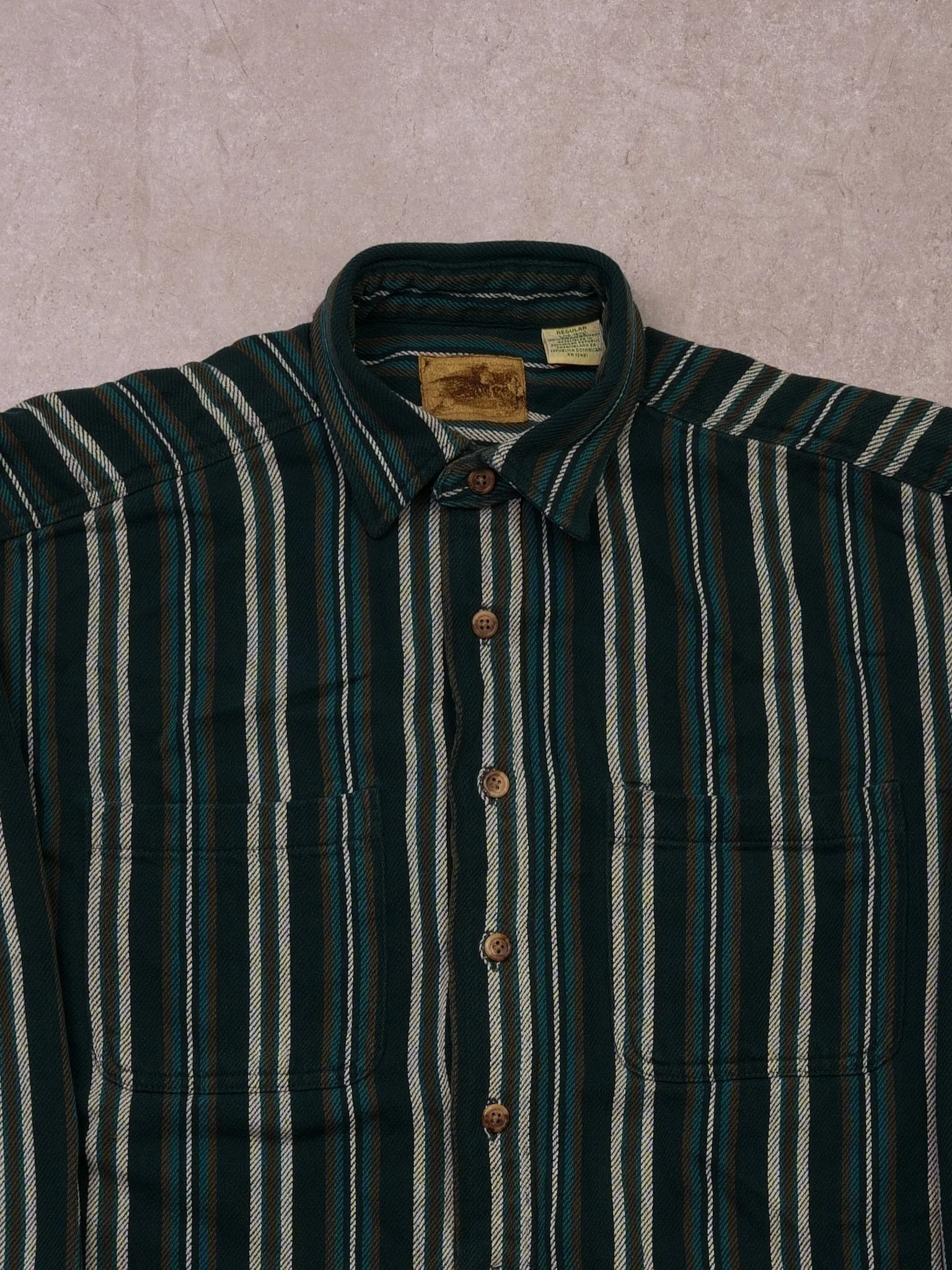Vintage 90s Green, Brown, and White Stripe Collared Button Up (M/L) sold by Rebalance Vintage product image thumbnail 2